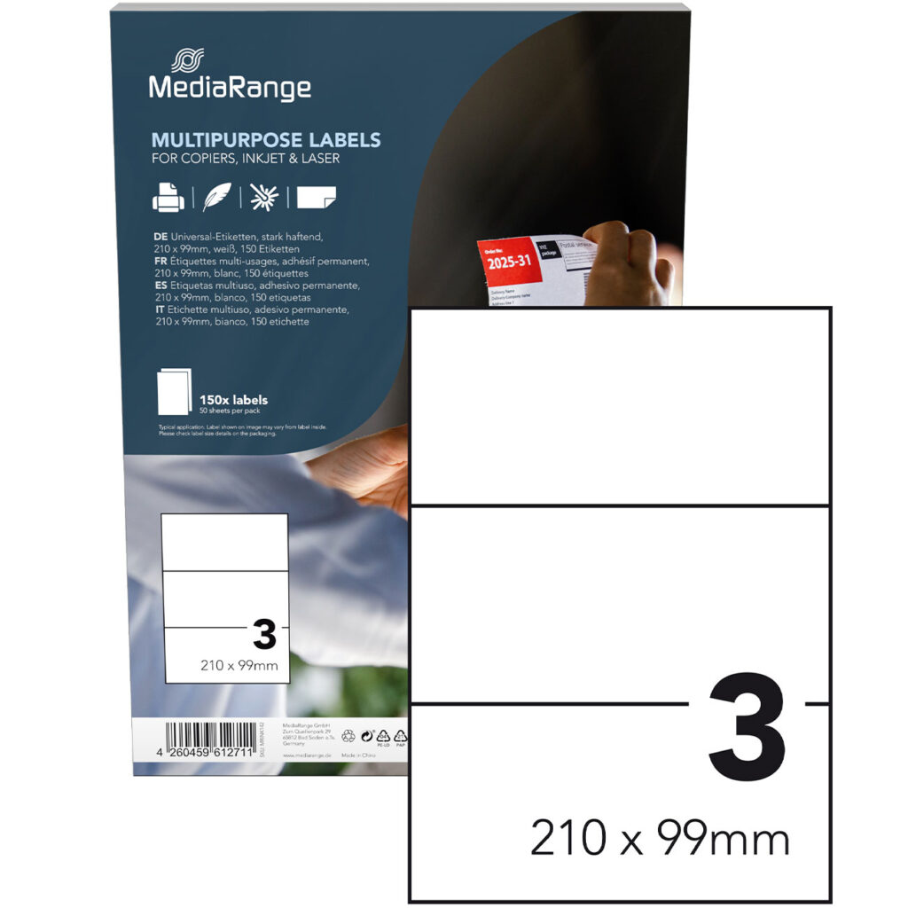 Universal-Klebe-Etiketten, stark haftend, 210 x 99 mm, 50 Blatt / 150 Etiketten, weiss