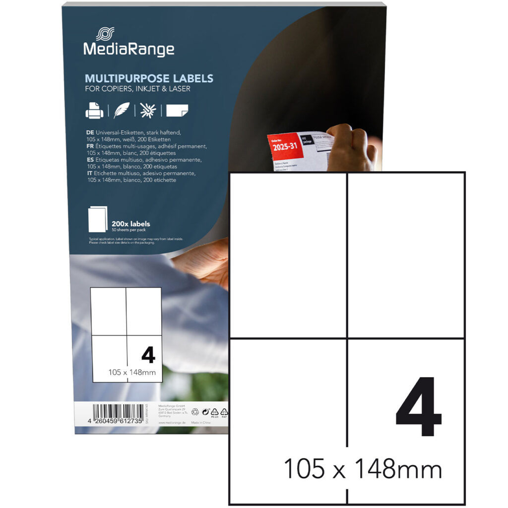Universal-Klebe-Etiketten, stark haftend, 105 x 148 mm, 50 Blatt / 200 Etiketten, weiss