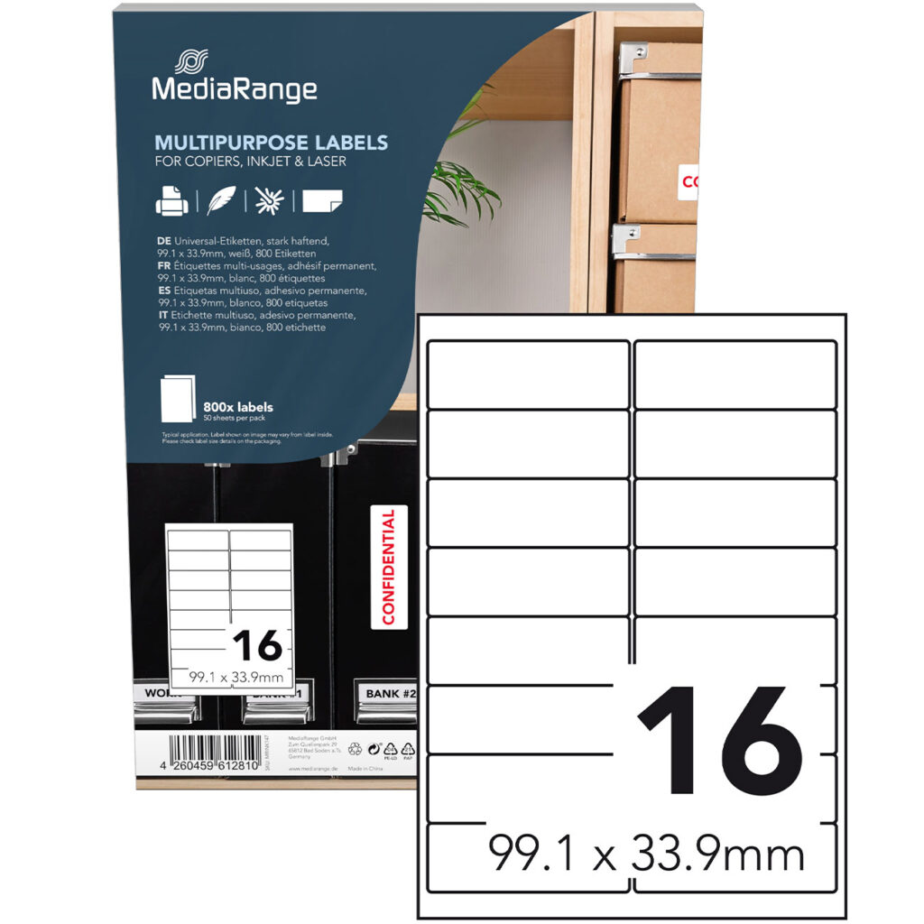 Universal-Klebe-Etiketten, stark haftend, 99.1 x 33.9 mm, 50 Blatt / 800 Etiketten, weiss