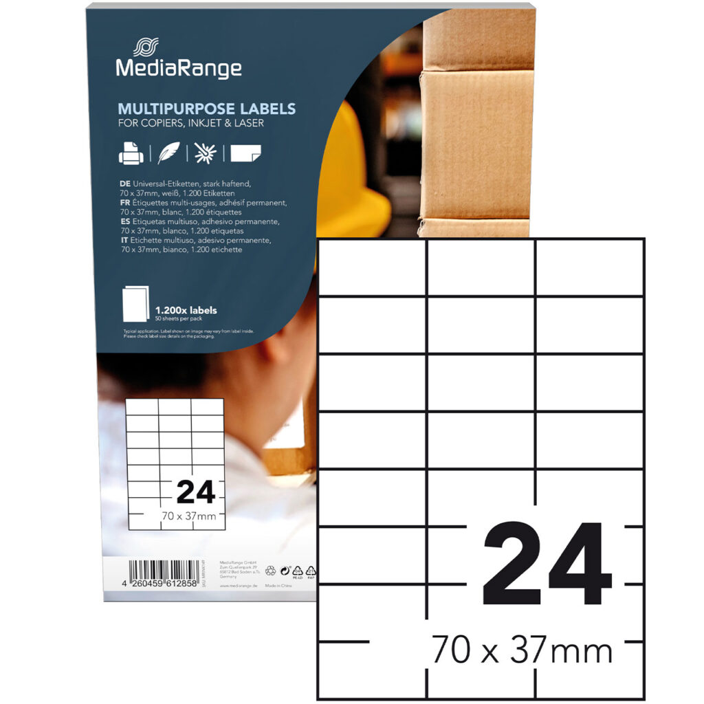 Universal-Klebe-Etiketten, stark haftend, 70 x 37 mm, 50 Blatt / 1200 Etiketten, weiss