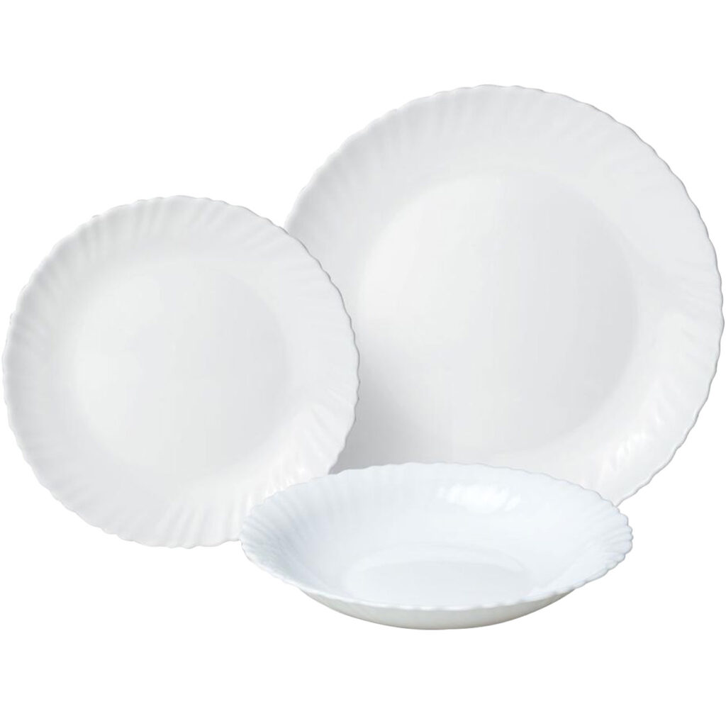 18-teiliges Geschirr-Set aus Glas, weiss, wellenförmiger Rand