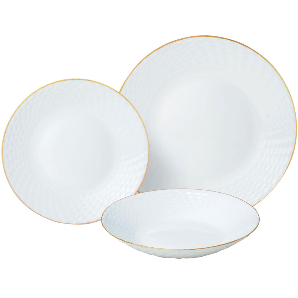 18-teiliges Geschirr-Set aus Glas, weiss mit Goldrand