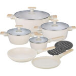 Kochset m. marmorierter Antihaftbeschichtung, 12-teilig, beige