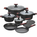 Kochset m. marmorierter Antihaftbeschichtung, 12-teilig, schwarz