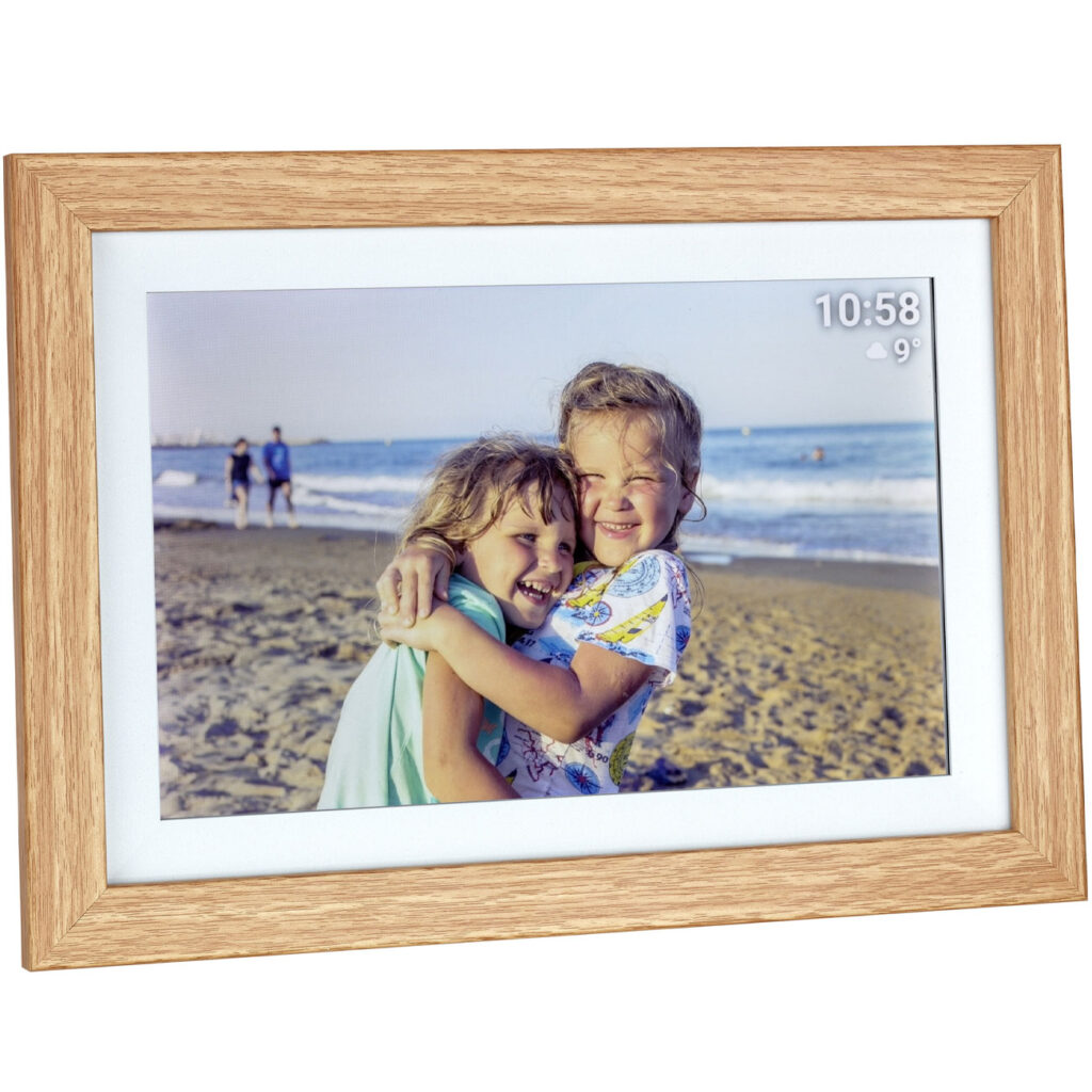 Digitaler Bilderrahmen, helle Holzoptik mit App-Steuerung & weltweitem Bild-Upload
