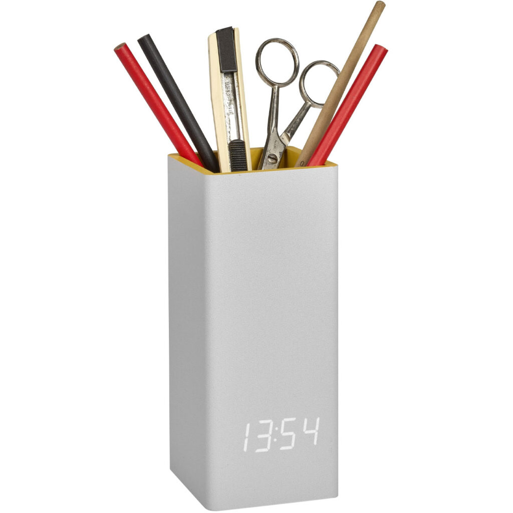 Digitalwecker mit Stiftehalter, grau-gelb Digitalwecker mit Stiftehalter, grau-gelb