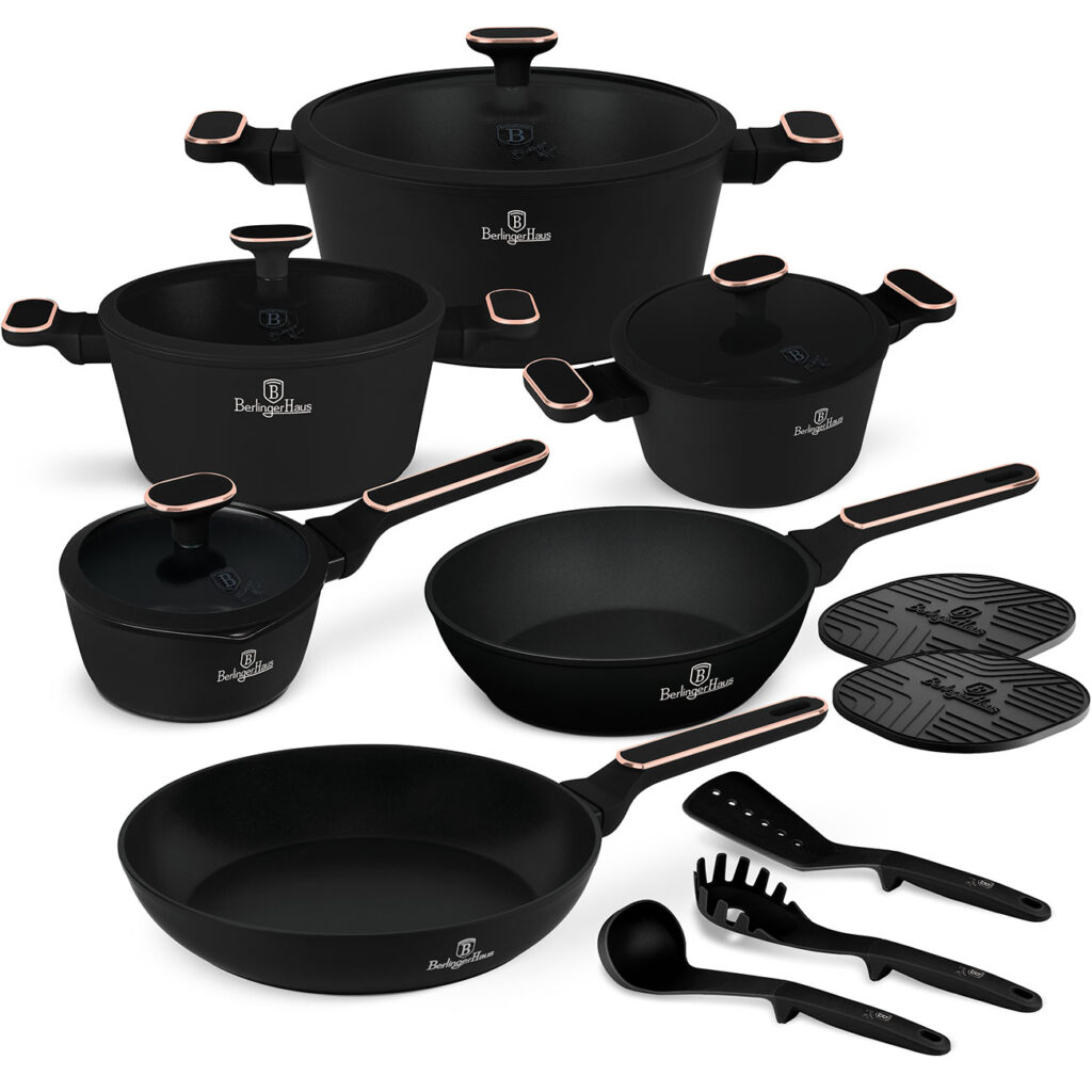 Design Kochset inkl. Kochbesteck und Untersetzer, 15-teilig, schwarz-roségold