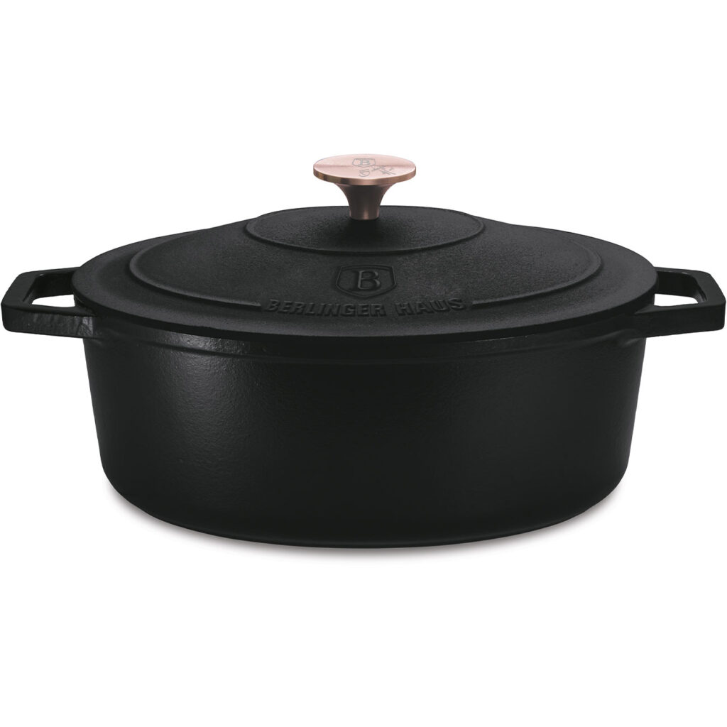 Gusseisenbräter mit Deckel, oval, schwarz-roségold, 5,5 L