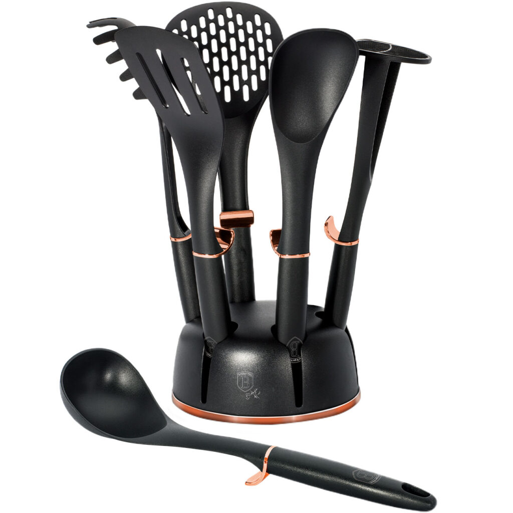 6-teiliges Küchenwerkzeug-Set mit drehbarem Ständer, schwarz-roségold