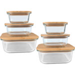 2er-Set Vorratsbehälter mit Deckel, quadratisch, Glas/Bambus,  3 Grössen
