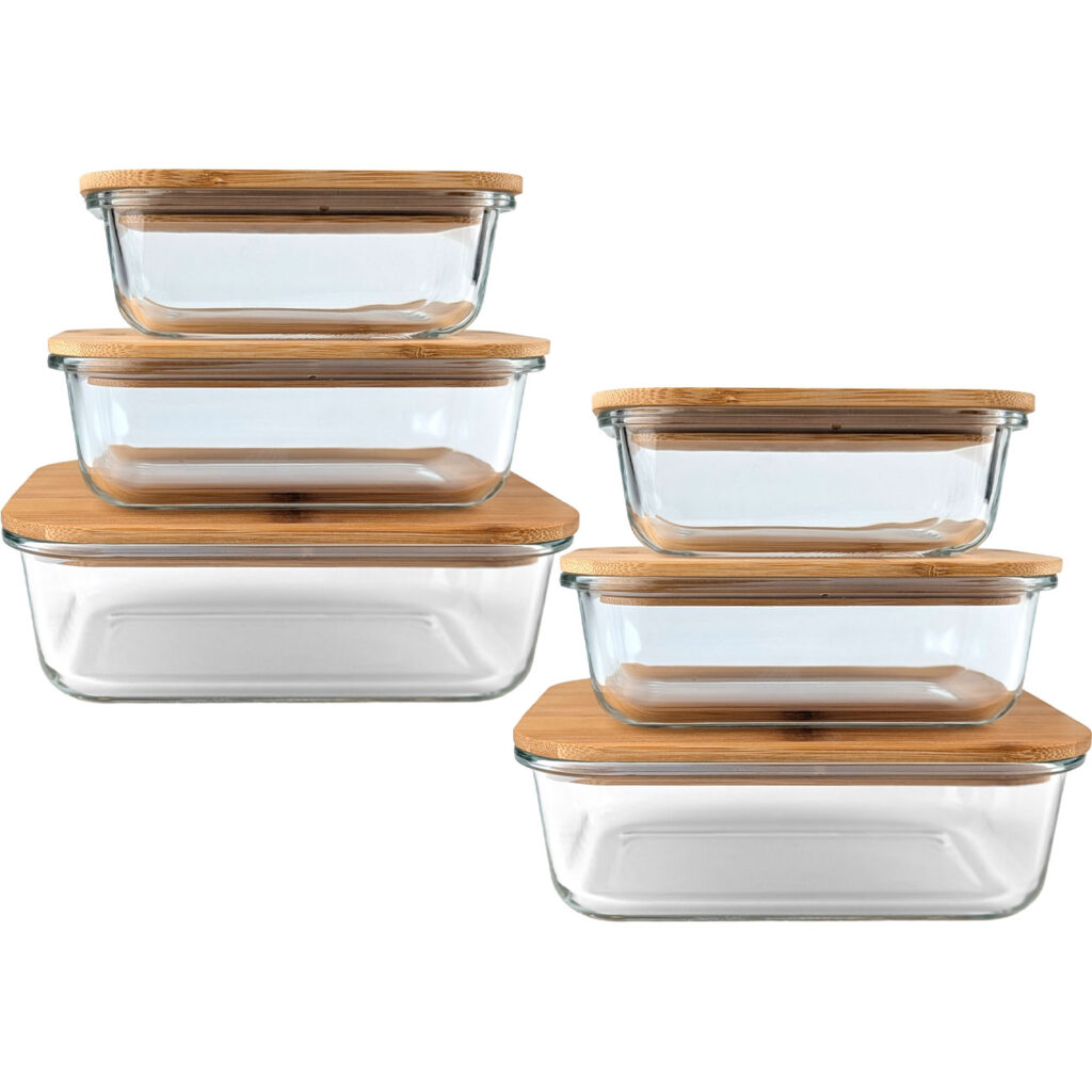 2er-Set Vorratsbehälter mit Deckel, rechteckig, Glas/Bambus, 3 Grössen