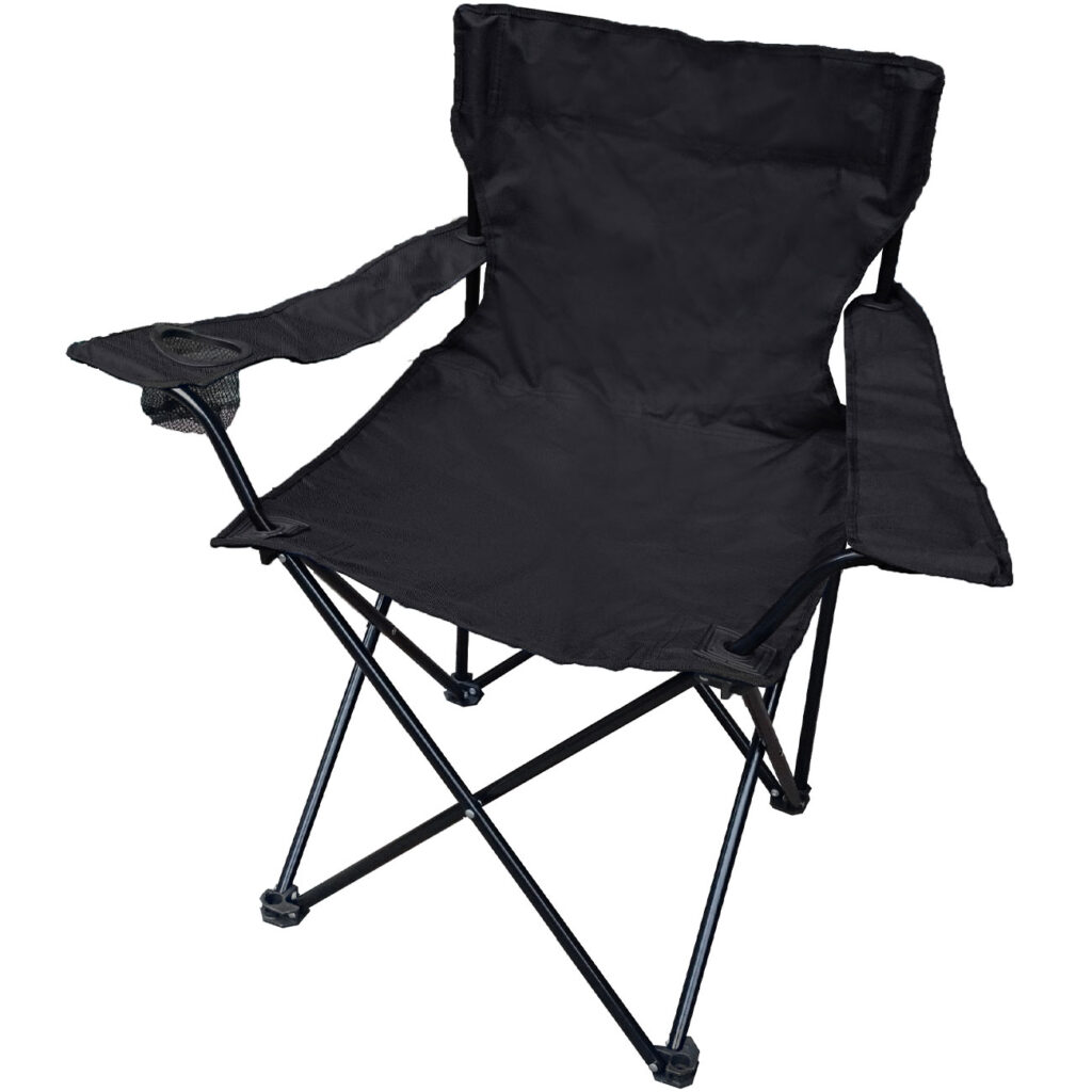 Faltstuhl mit Armlehne & Getränkehalterung, schwarz, klappbar Faltstuhl mit Armlehne & Getränkehalterung, schwarz, klappbar