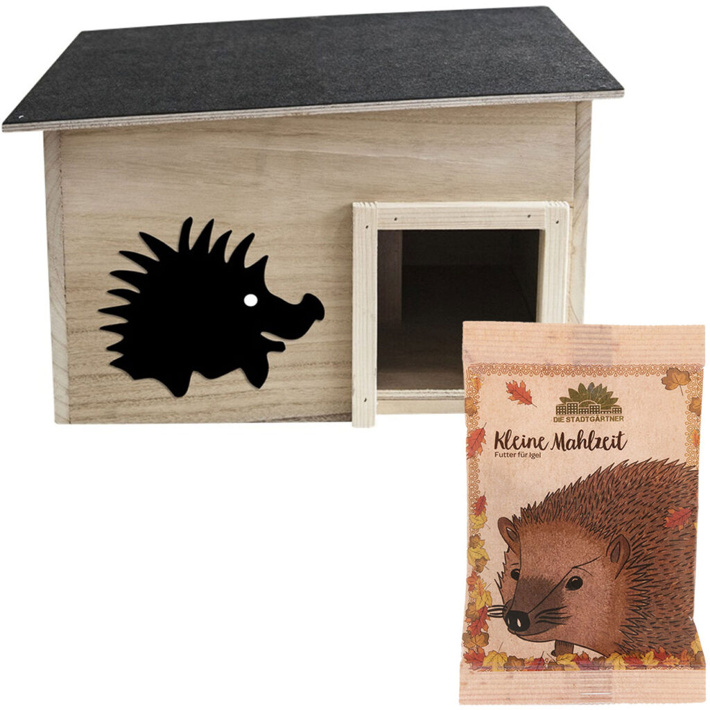 Komplettset: Igelhaus aus FSC-Holz, 40x32x24 cm mit Igelfutter Komplettset: Igelhaus aus FSC-Holz, 40x32x24 cm mit Igelfutter