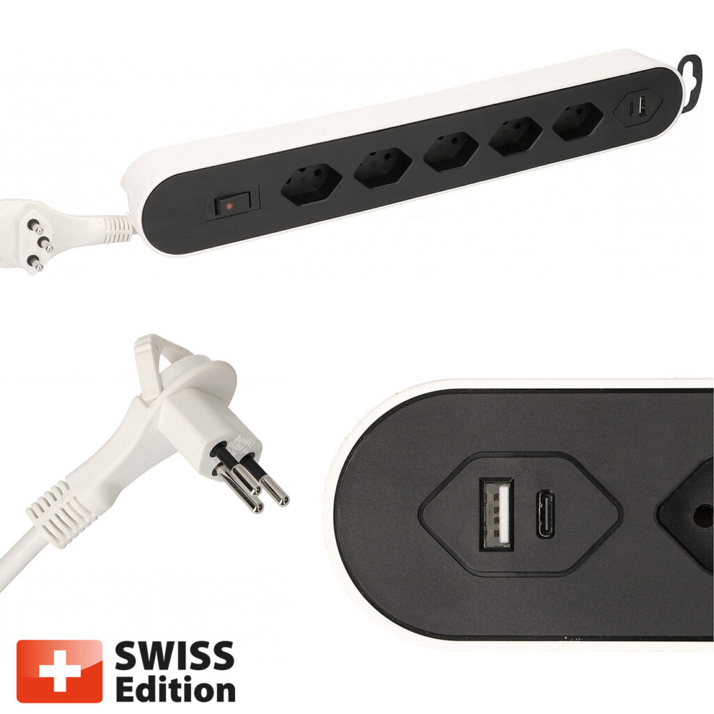 Steckdosenleiste, 5 x T13, 1 USB Typ A, 1 USB Typ C, weiss und schwarz