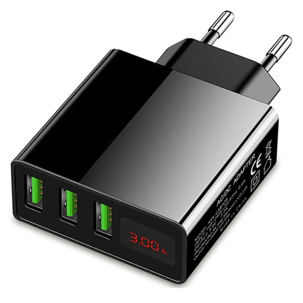 Intelligentes 3-Port USB-Netzteil mit LED-Anzeige, schwarz