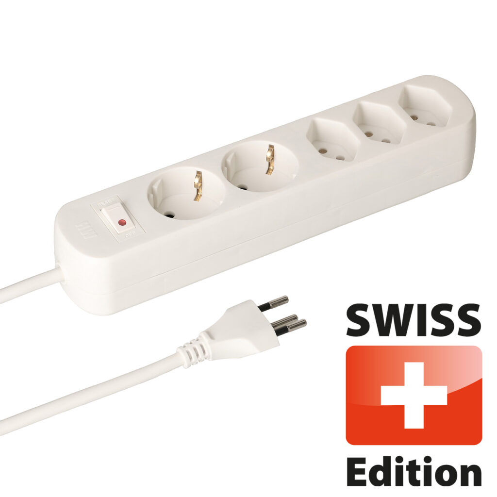 Steckdosenleiste mit 3 Steckdosen des Typs T13, 2 Schuko Steckdosen und Schalter, weiss Steckdosenleiste mit 3 Steckdosen des Typs T13, 2 Schuko Steckdosen und Schalter, weiss