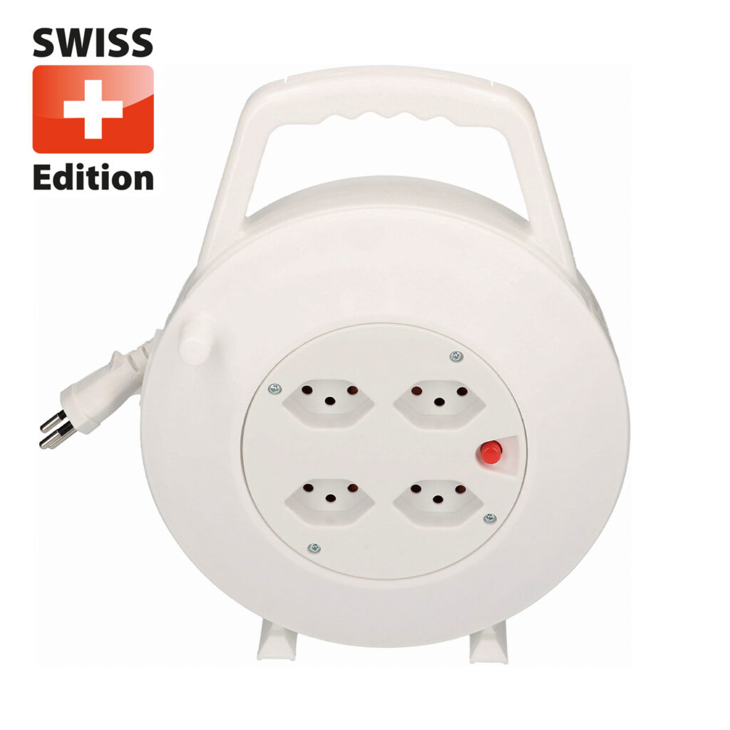 Kabelrolle mit 4 Steckdosen des Typs T13 und Schalter, Kabellänge 10m, weiss Kabelrolle mit 4 Steckdosen des Typs T13 und Schalter, Kabellänge 10m, weiss