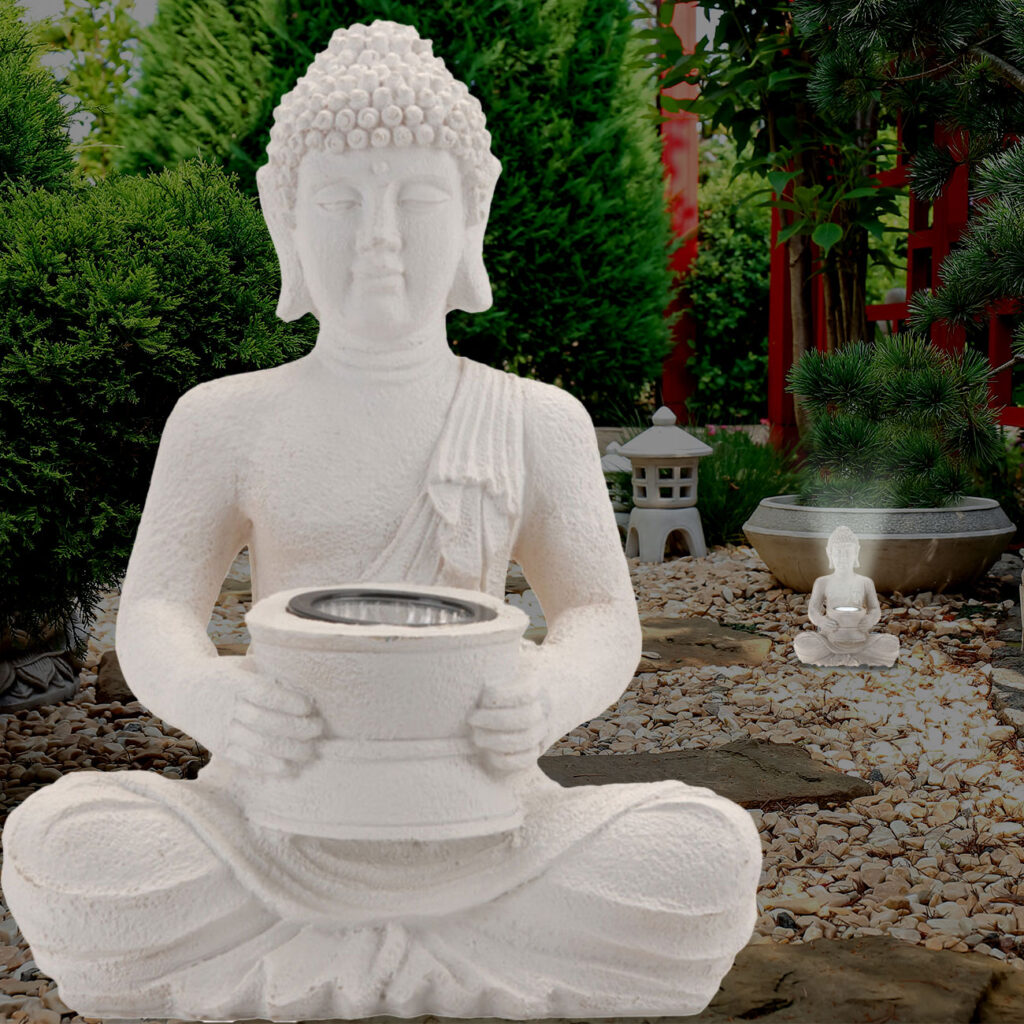 Solarlampe Buddha, weiss, Dekofigur für Balkon oder Garten, 22 x 15 x 31 cm