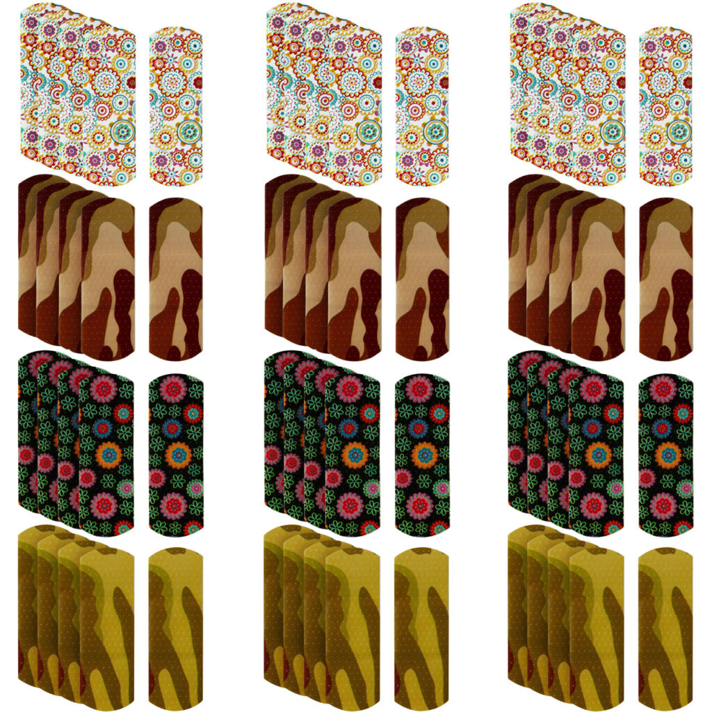 Kinderpflasterset, 60-tlg, 4 bunte Farben und Muster, steril, 5,6 x 1,9 cm