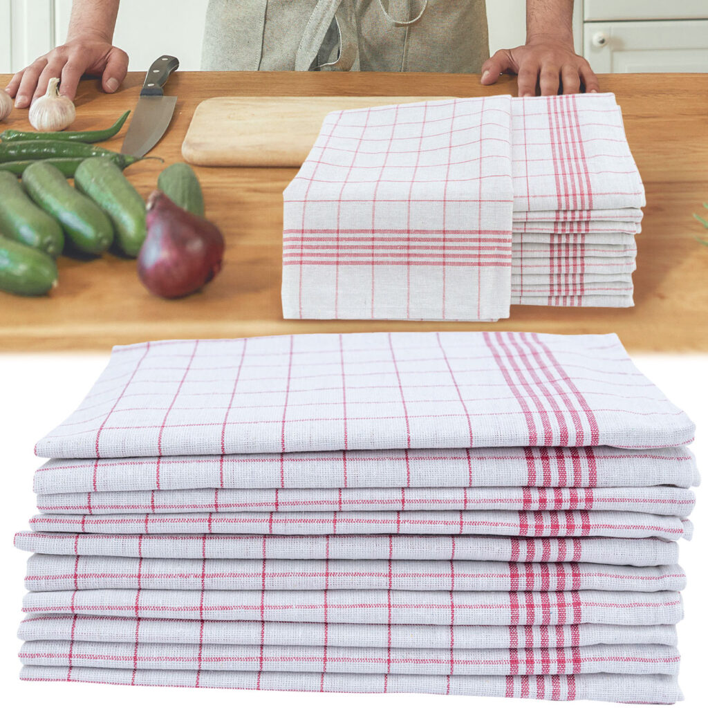 10er-Set Halb-Leinen-Geschirrtücher, rot-weiss, 70 x 50 cm