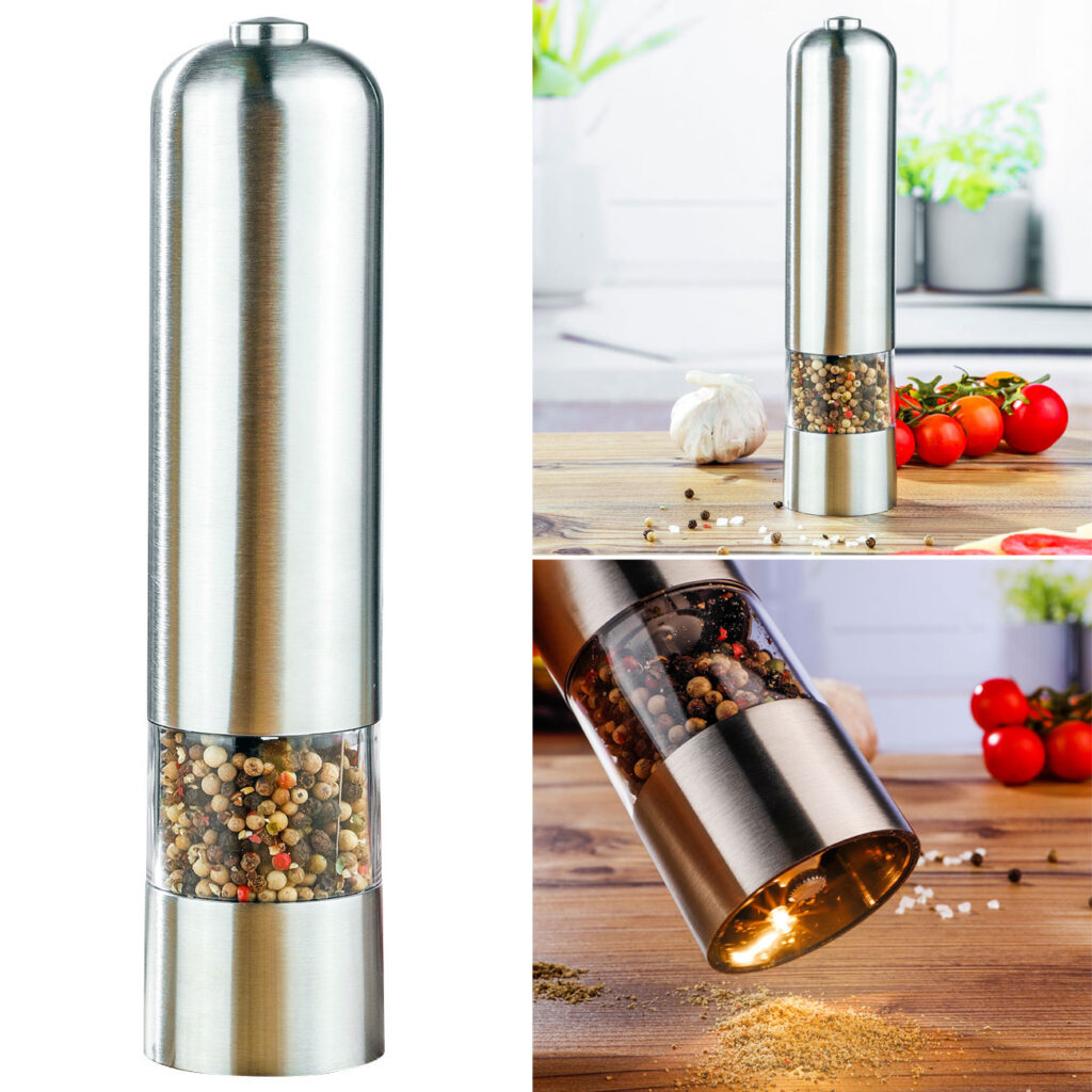 Elektrische Salz und Pfeffermühle, Edelstahl, Keramikmahlwerk, Ø 5 cm x H 22,5 cm