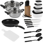 Koch-Erstaustattung, Bratpfanne, Töpfe, Schneidebrett, Kochlöffel, Messerblock, uvm.