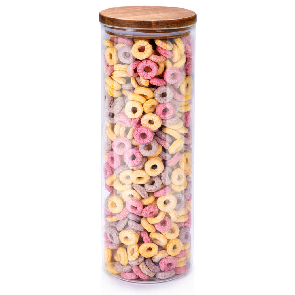 Vorratsglas, Aufbewahrungsglas, Deckel aus Akazienholz, H 27 x Ø 9,5 cm