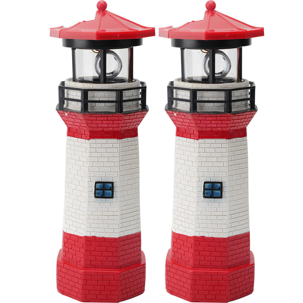 2er-Set Deko Leuchtturm mit LED-Leuchte & rotierendem Reflektor, solarbetrieben