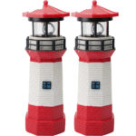 2er-Set Deko Leuchtturm mit LED-Leuchte & rotierendem Reflektor, solarbetrieben
