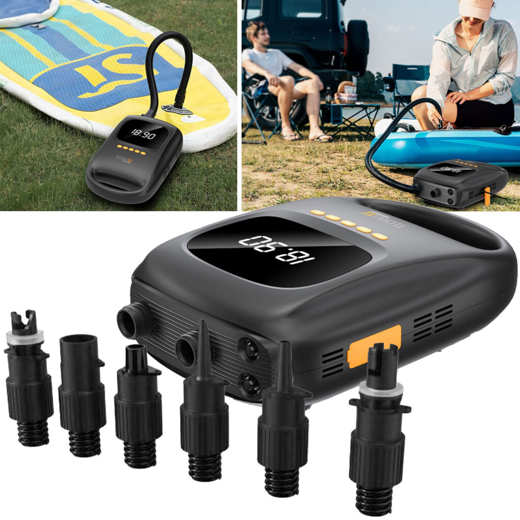 SUP-Akku-Luftpumpe, Mit 6 Aufsätzen/Düsen, Powerbank-Funktion, 12 V-Autoladekabel