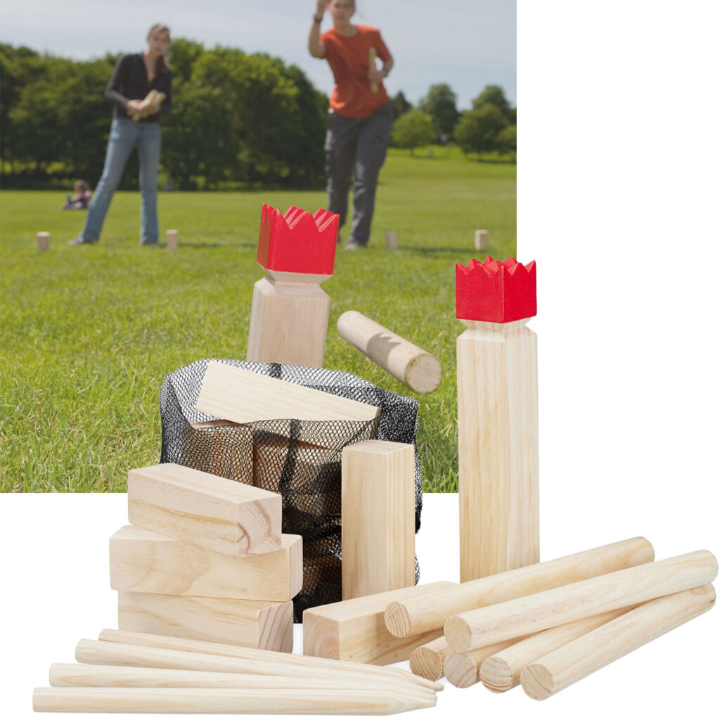 Wikingerspiel, Outdoor-Spiel mit Holzfiguren und Tasche