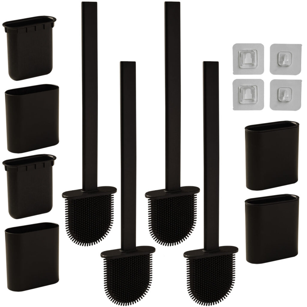 4er-Set WC-Bürste mit Silikonborsten inkl. Bürstenhalter, schwarz
