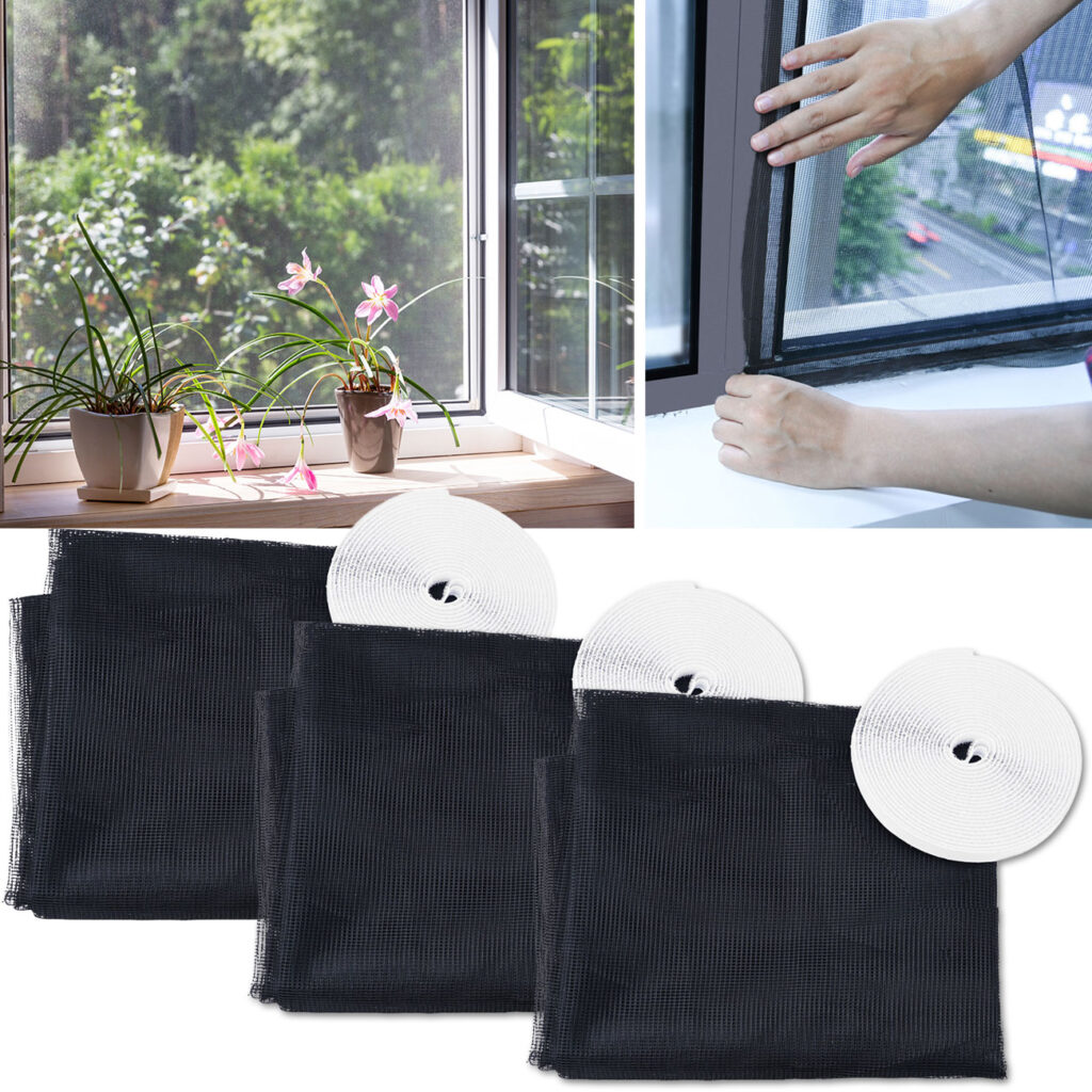 3er-Set Fliegennetz für Fenster bis 130 x 150 cm, zuschneidbar, inkl. je 6m Klettband