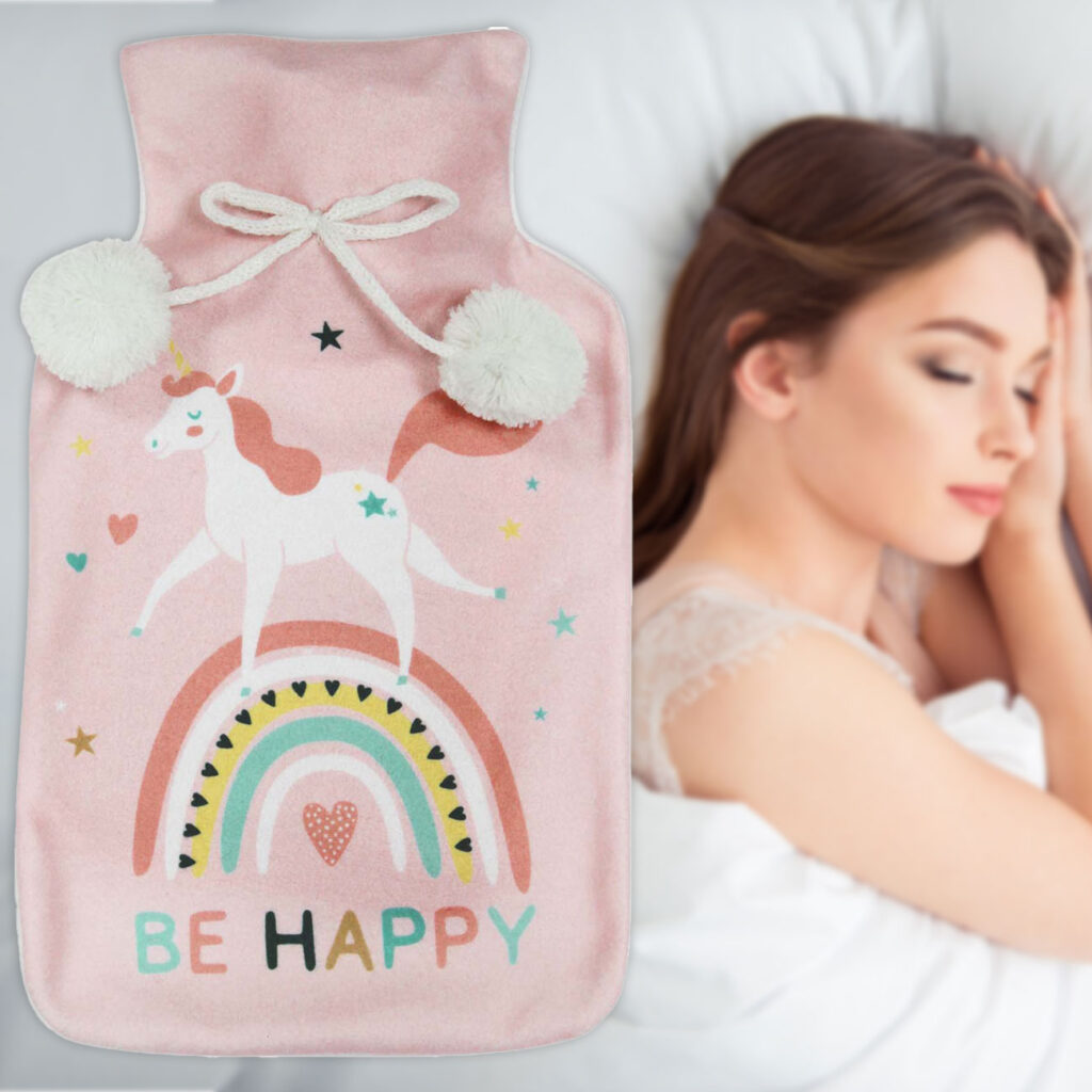 Wärmflasche, mit buntem Einhorn-Bezug, Fleece, 21 x 34 cm