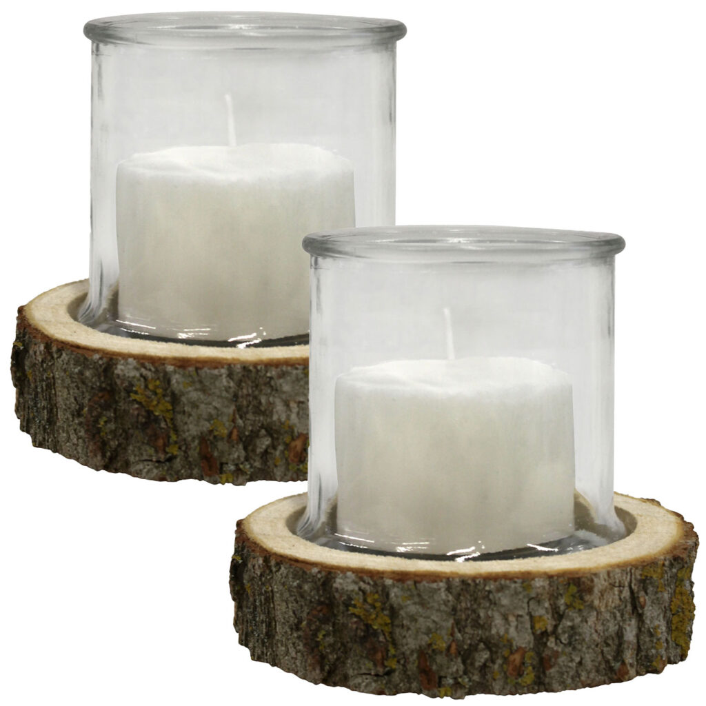 2er-Set Kerzenglas auf Holzsockel, Windlicht Natur, weiss, Ø 13 x 13 cm, Ø 18 x 4 cm