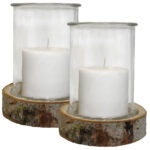 2er-Set Kerzenglas auf Holzsockel, Windlicht Natur, weiss, Ø 13 x 17 cm, Ø 18 x 4 cm