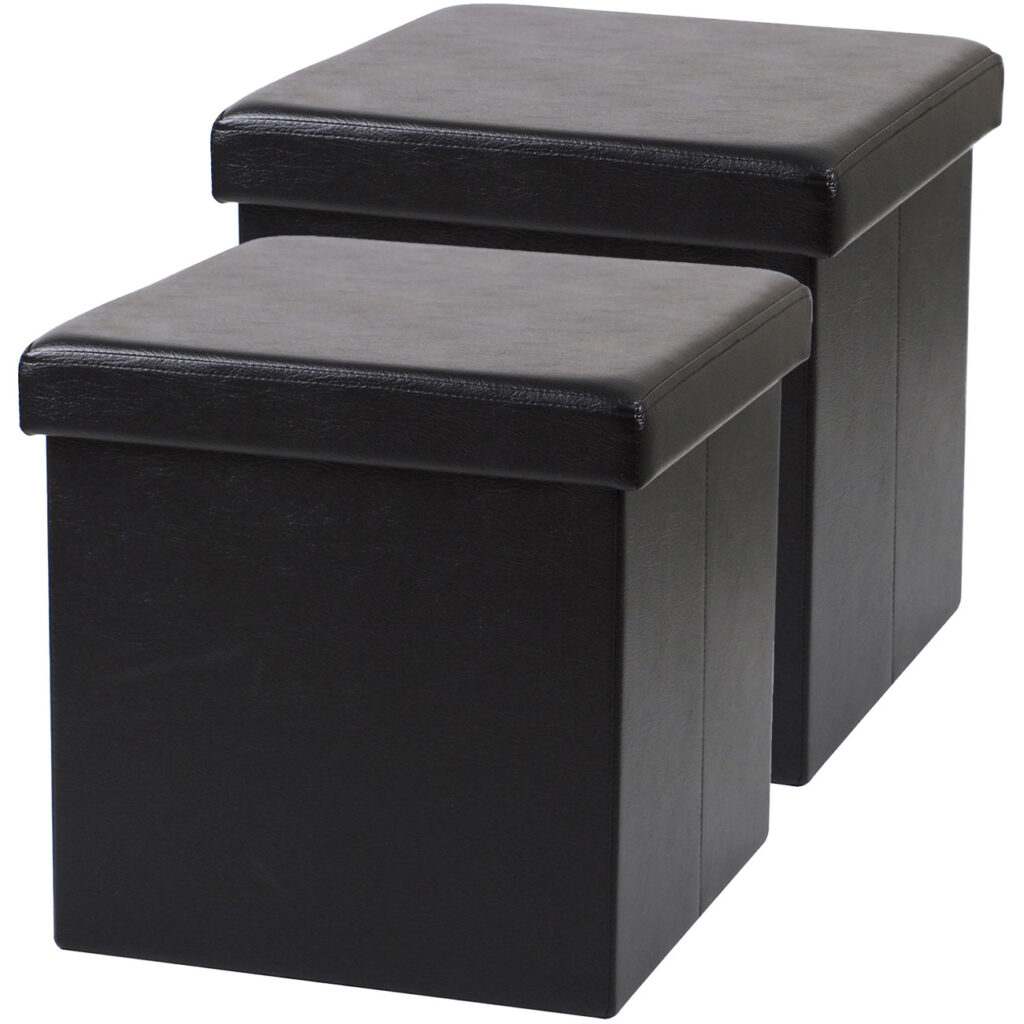 2er-Set Faltbarer Sitzhocker mit Stauraum, schwarz, Kunstleder