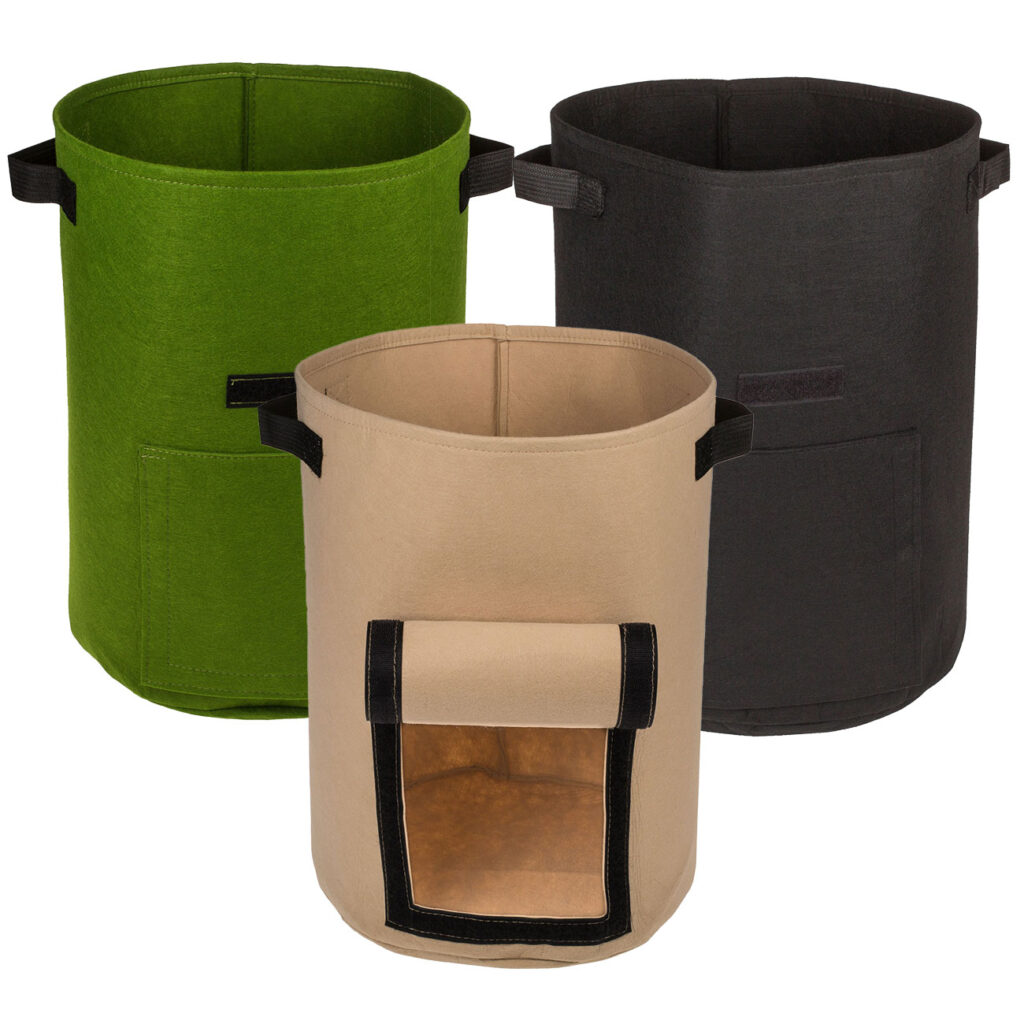3er-Set Pflanzsäcke mit Erntefenster, Filz, 43 Liter, 35 x 45cm, schwarz, grün & beige