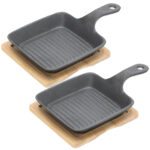 2er-Set Quadratische Servierpfanne aus Gusseisen mit Bambusbrett, Ø 15cm