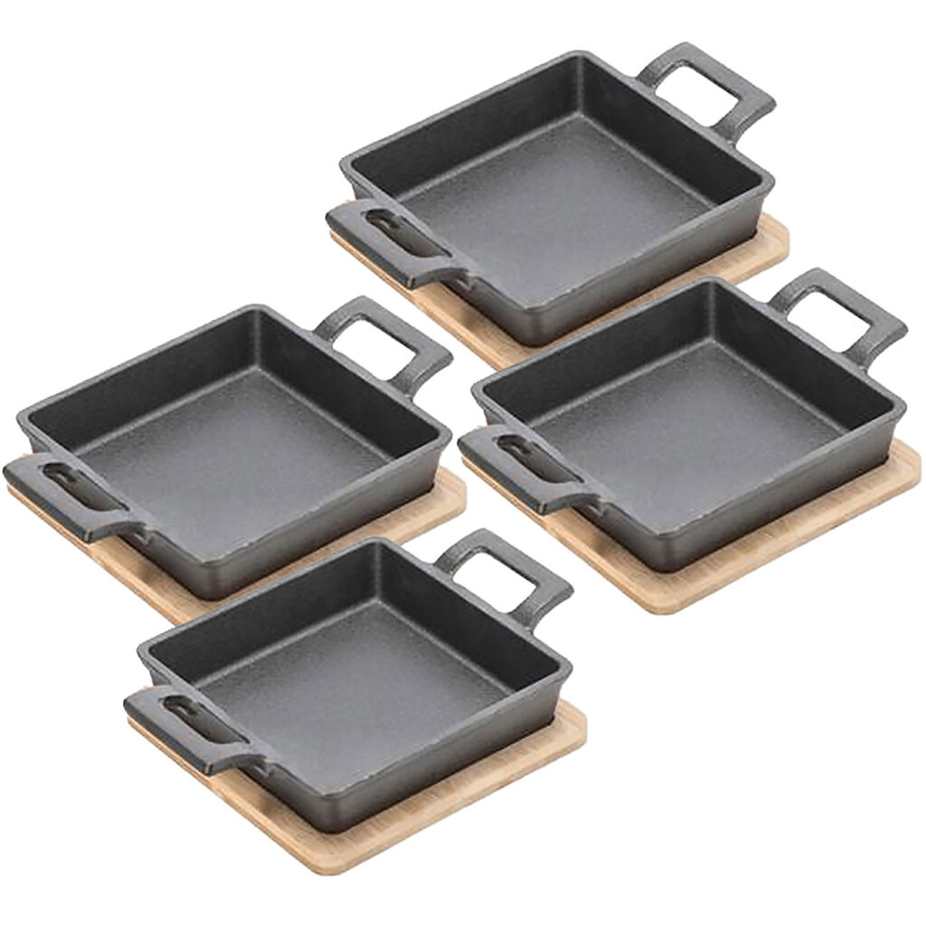 4er-Set Quadratische Servierpfanne aus Gusseisen, 2 Henkel und Bambusbrett, Ø 13 cm