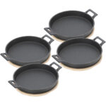 4er-Set Runde Servierpfanne aus Gusseisen, 2 Henkel und Bambusbrett, Ø 18,5 cm