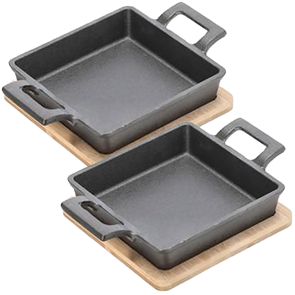 2er-Set Quadratische Servierpfanne aus Gusseisen, 2 Henkel und Bambusbrett, Ø 13 cm