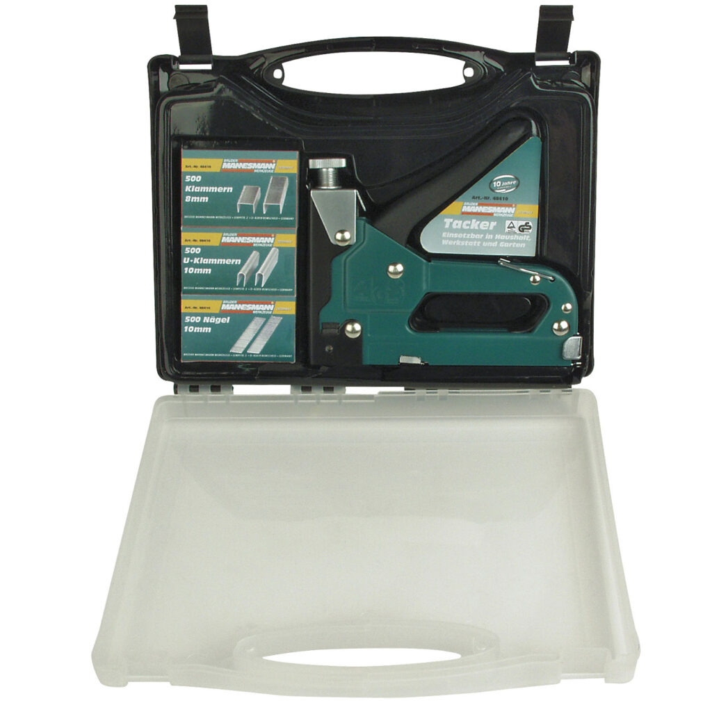 Tacker-Set, mit Koffer und Klammern, Einschlagkraft einstellbar, 26 x 21 x 4 cm