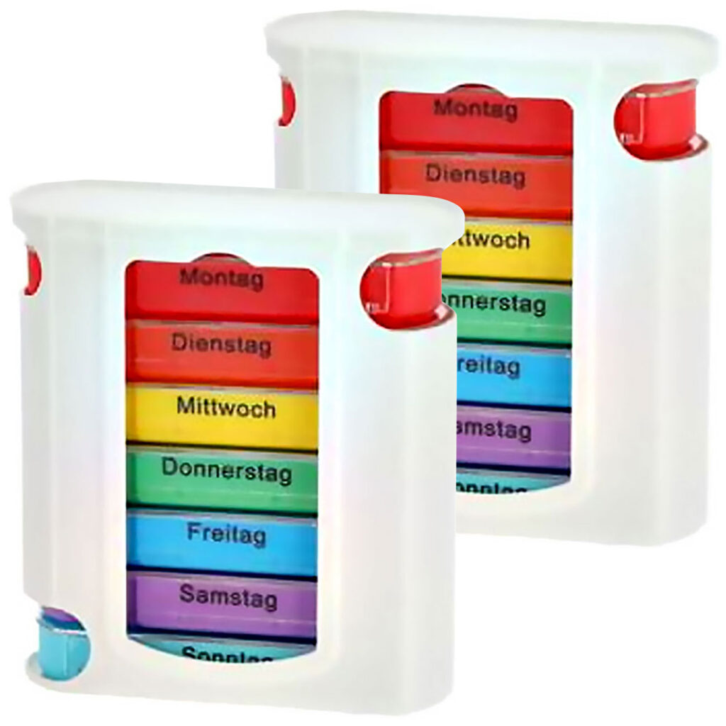 2er-Set Medikamenten-Boxen, 7 Tage, bunt, je 4 Fächer 2er-Set Medikamenten-Boxen, 7 Tage, bunt, je 4 Fächer