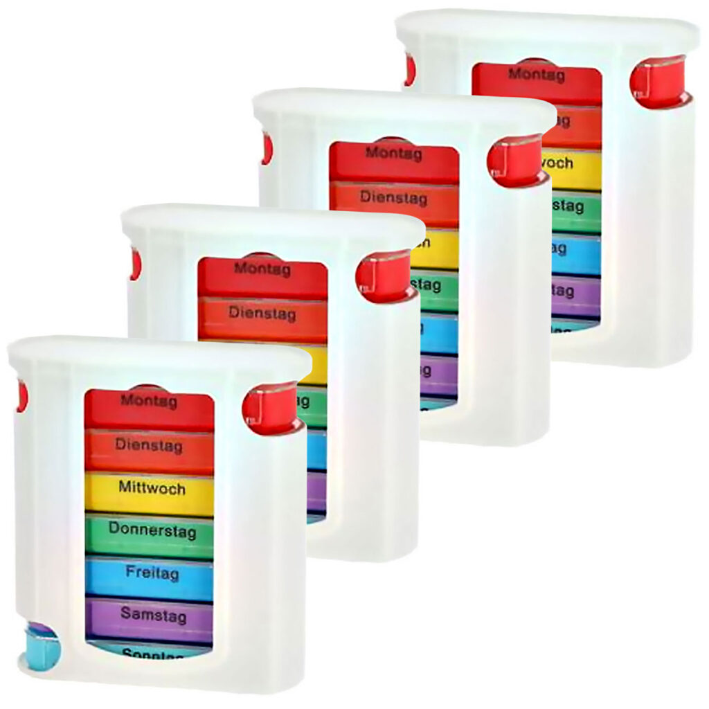 4er-Set Medikamenten-Boxen, 7 Tage, bunt, je 4 Fächer 4er-Set Medikamenten-Boxen, 7 Tage, bunt, je 4 Fächer