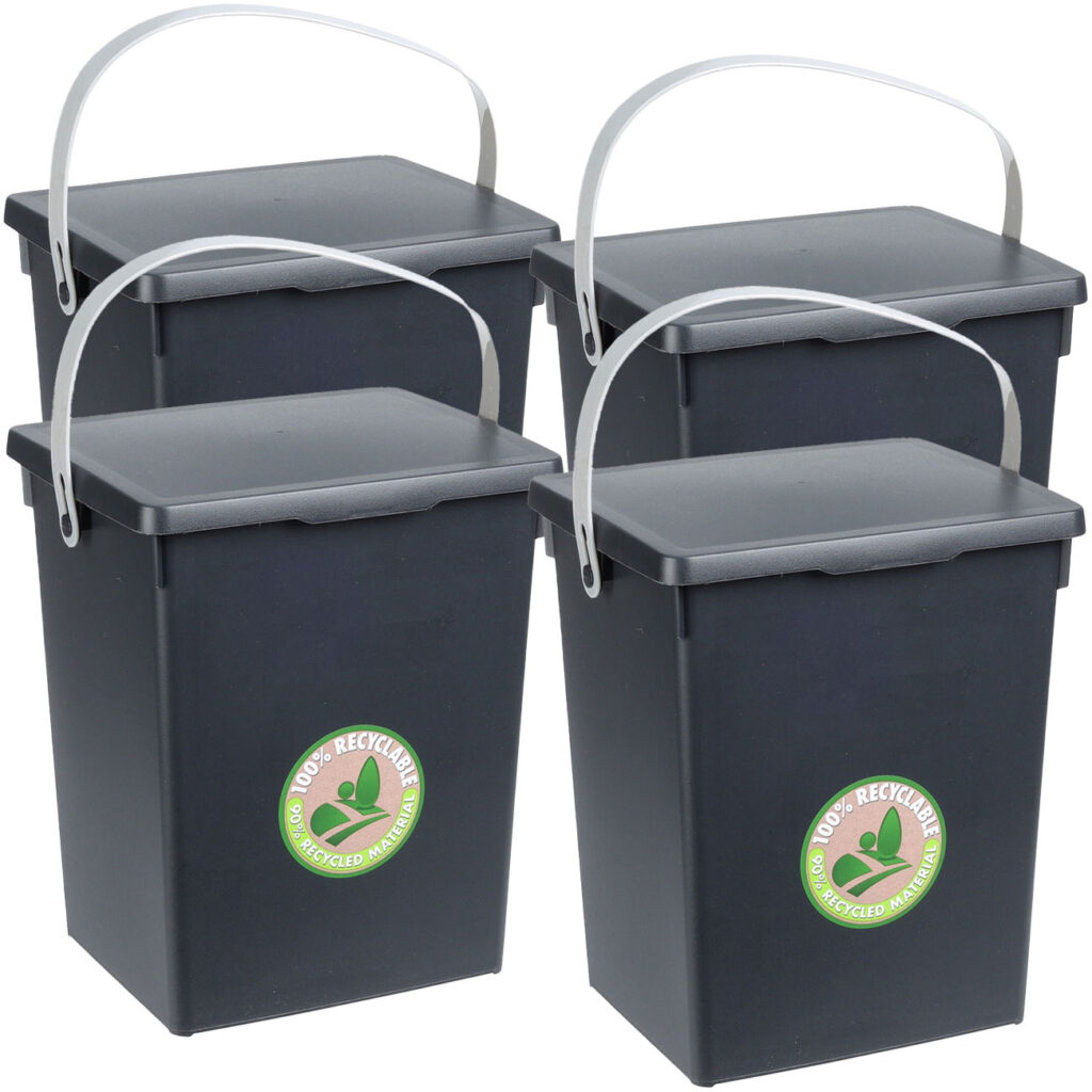 4er-Set Komposteimer aus Kunststoff, Aufbewahrungsbox mit Deckel und Henkel, 19x18x23,5 cm