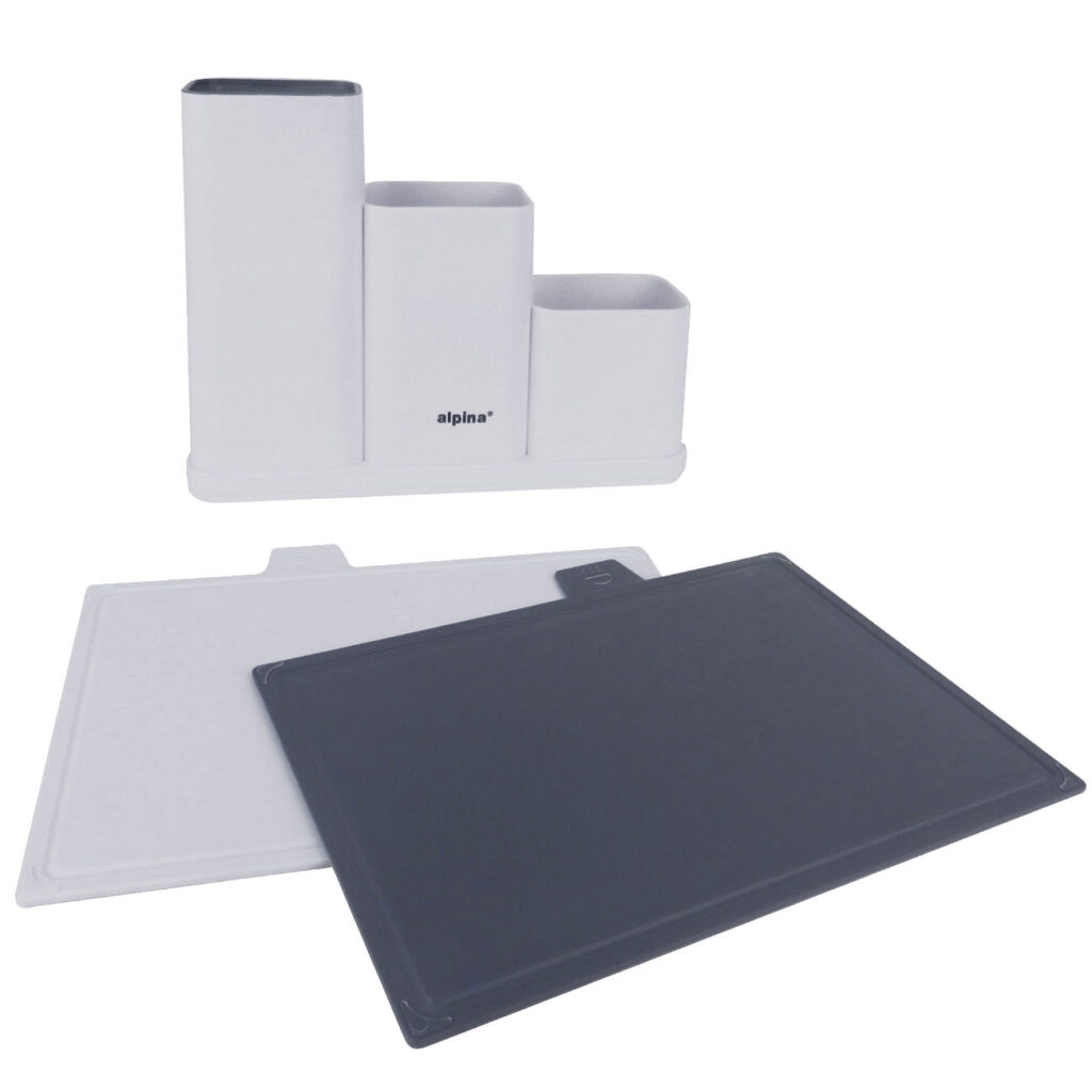 Küchenutensilienhalter mit 2 Schneidbrettern, weiss