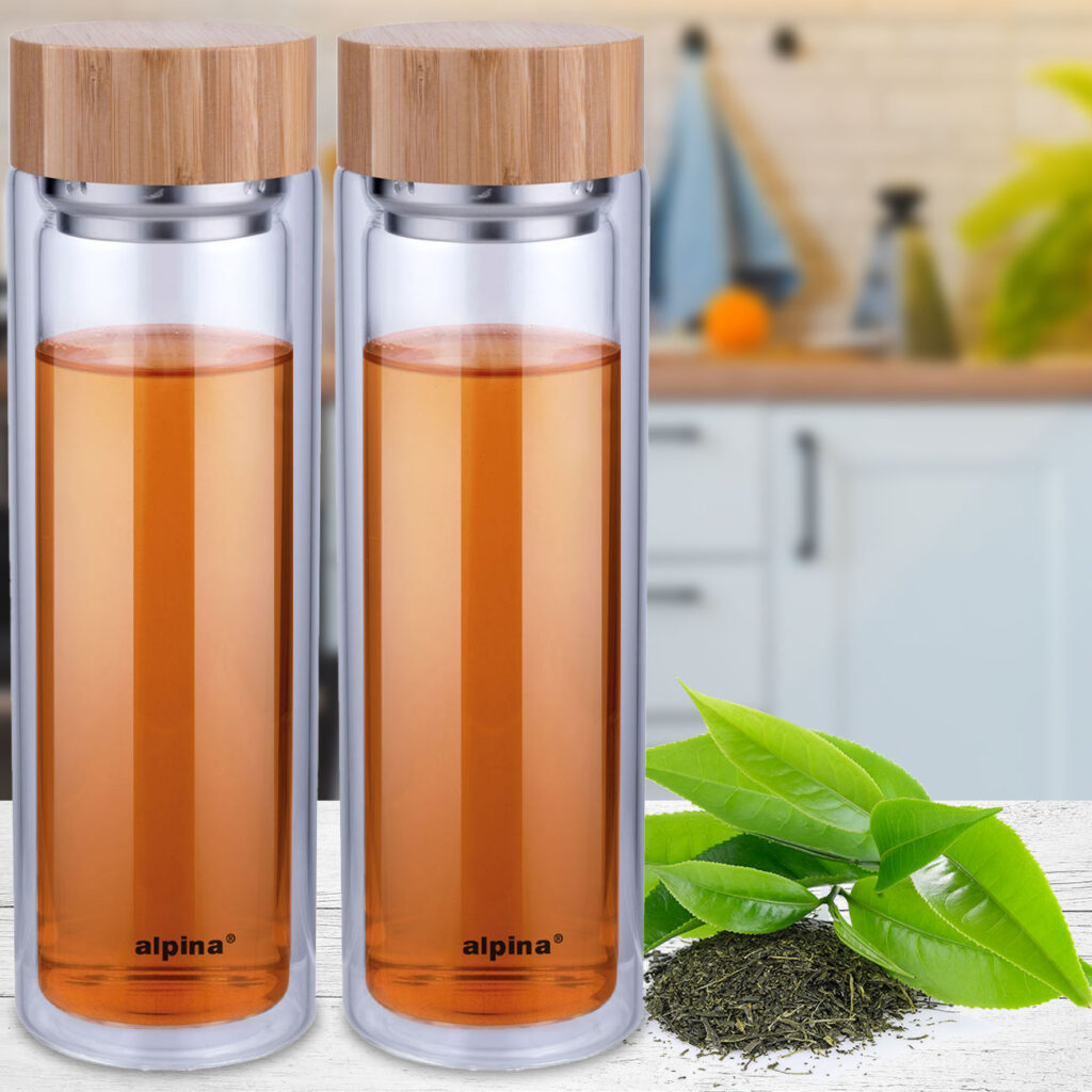 2er-Set Isolierflasche mit integriertem Teesieb, Bambusdeckel, Borosilikatglas, 450ml