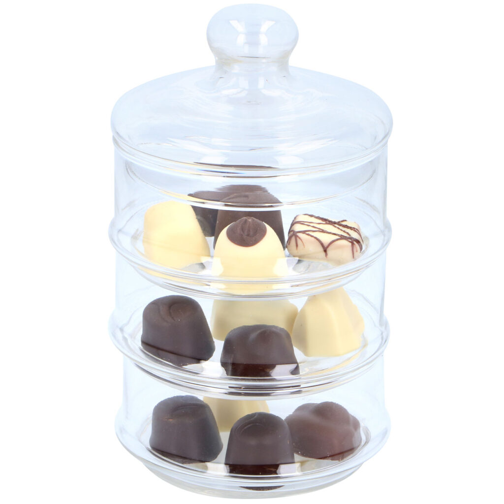 Glasbehälter mit drei Ebenen, inkl. Deckel, 12cm Ø, 23cm hoch