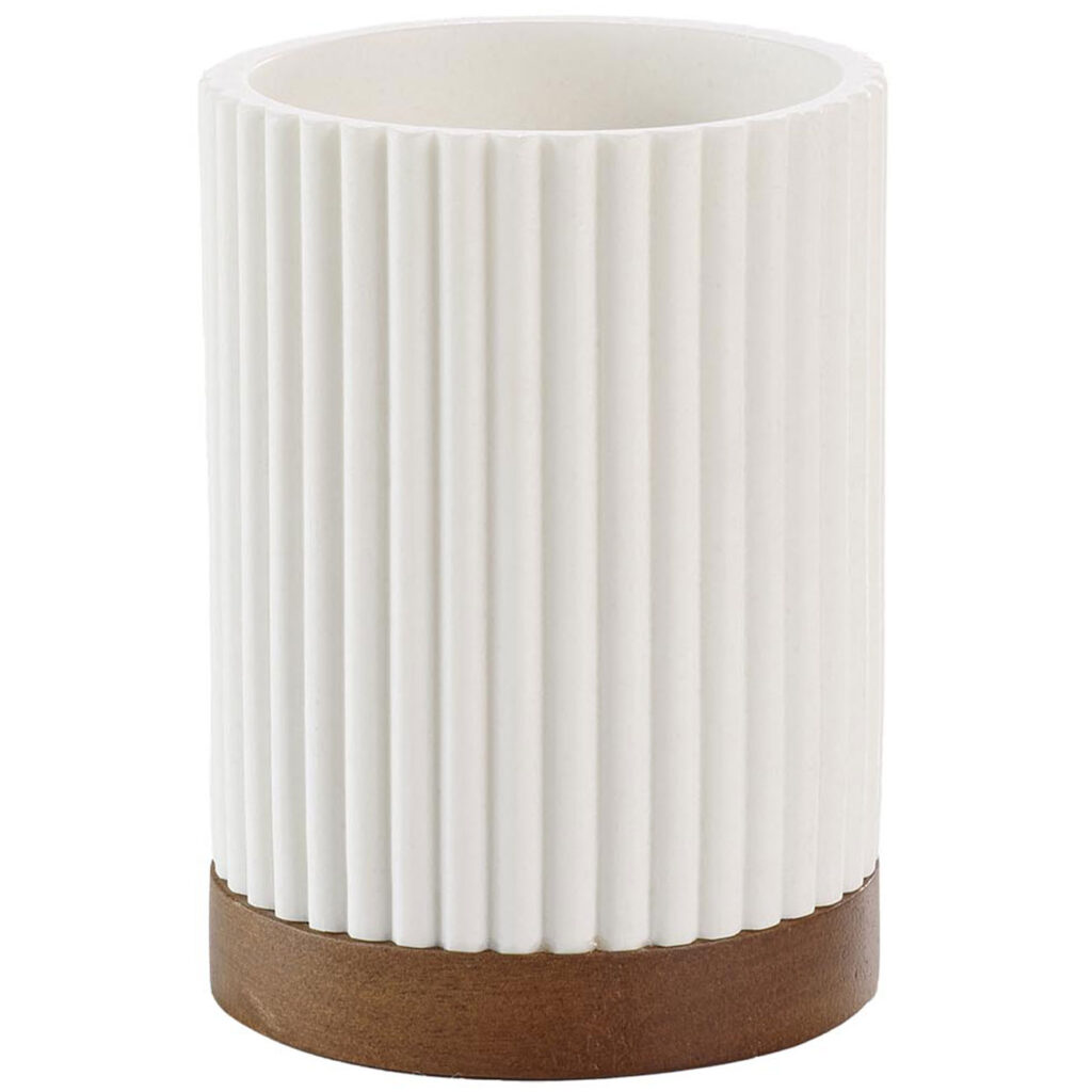 Zahnputzbecher, weiss mit Akazienholzstreifen, Ø 8 x 10,8 cm